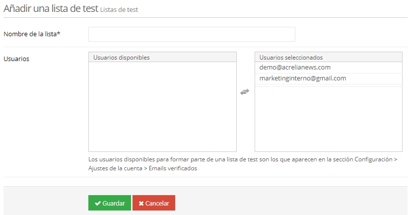 Añadir una lista de test