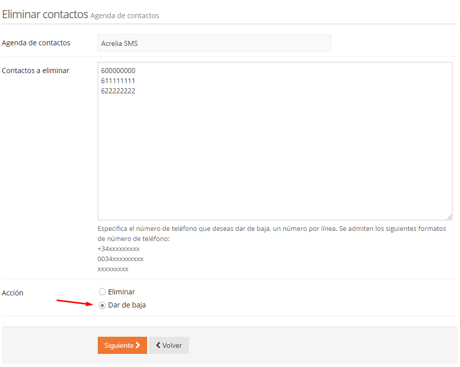 Acrelia SMS - Eliminar contactos