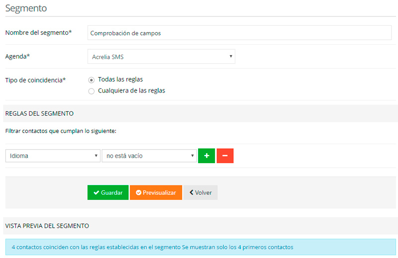 Nuevo campo segmento - sms