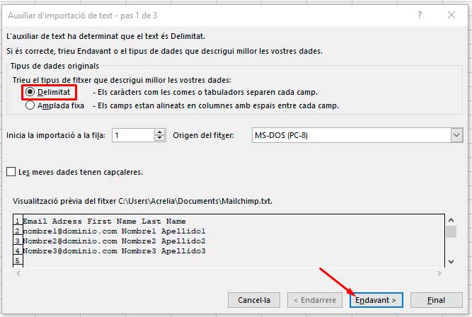 Auxiliar d'importació de text pas 1 de 3