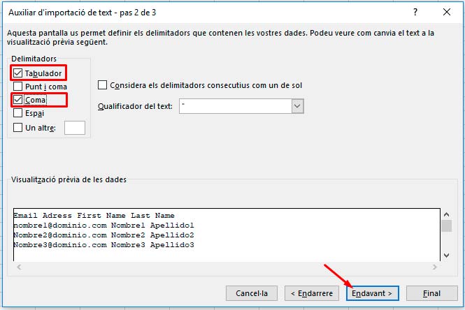 Auxiliar d'importació de text pas 2 de 3