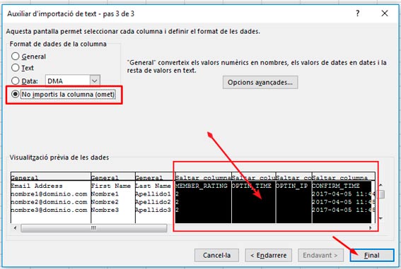 Auxiliar d'importació de text pas 3 de 3