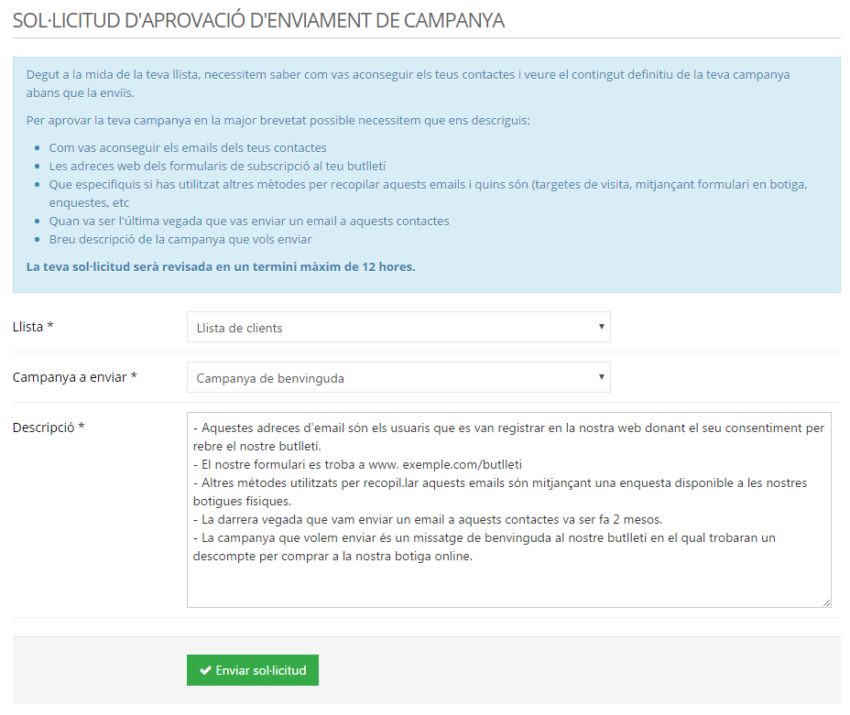 Sol·licitud d'aprovació d'enviament de campanya