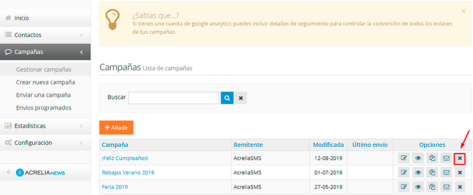 Acrelia SMS - Gestionar campañas 