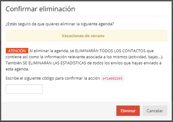 Acrelia SMS - confirmación eliminación agenda