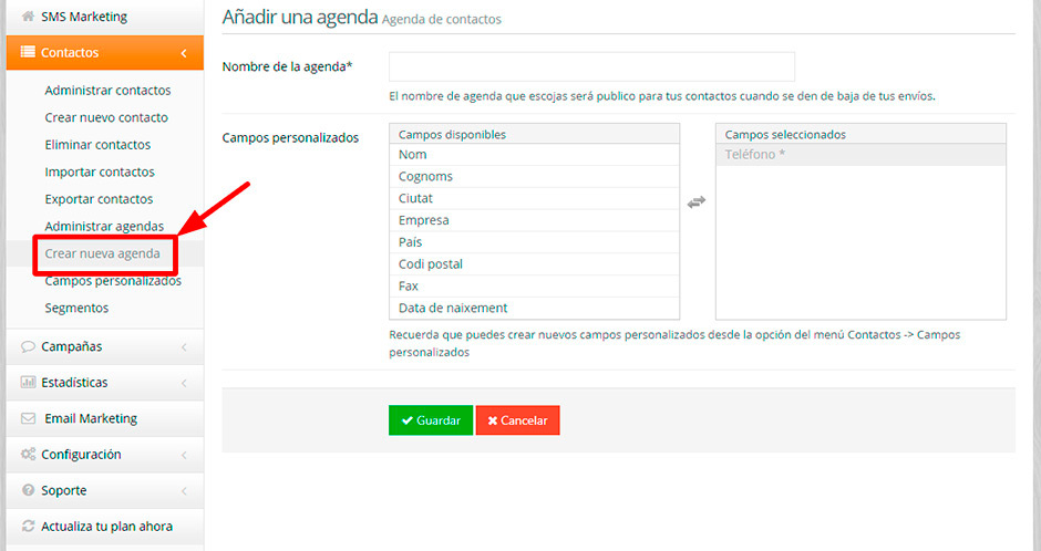 Crear agenda SMS