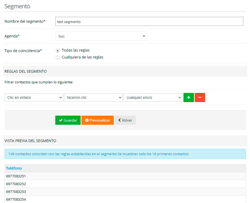 Crear segmento en SMS