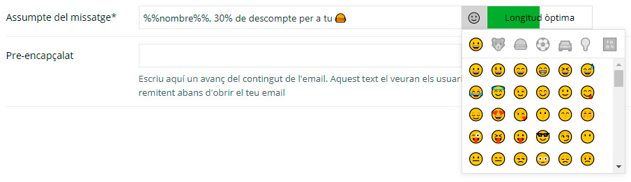 simbols o emoticones en el assumpte del missatge de email