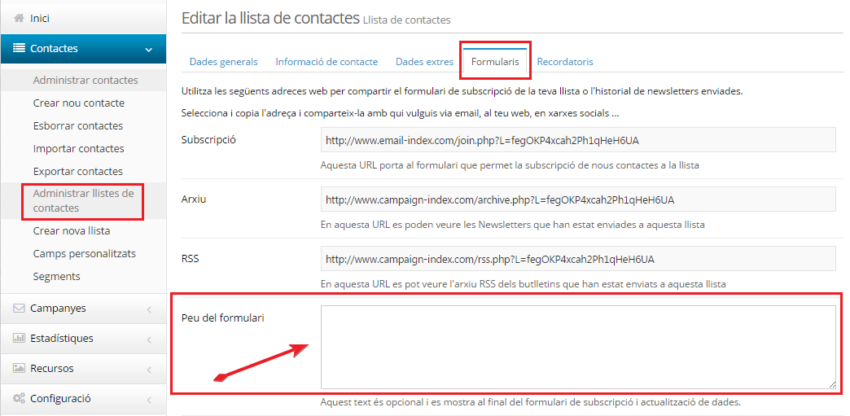 Afegir text al peu del formulari