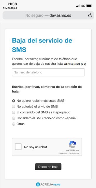 Acrelia News - Formulario de baja del servicio de SMS