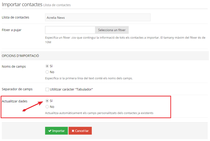 Importar contactes actualitzant dades