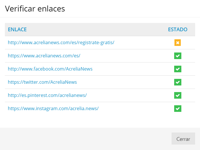 Resultado verificación de enlaces