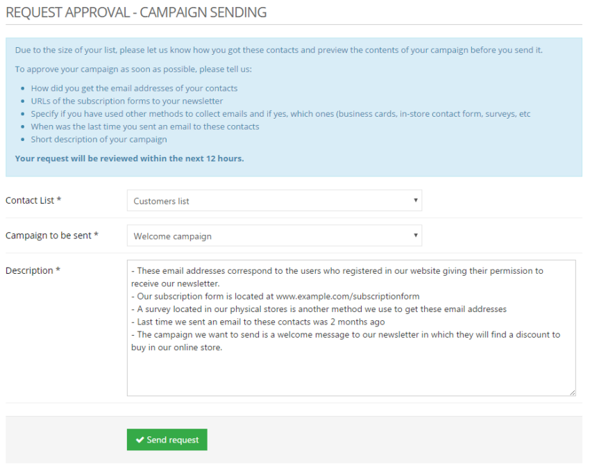 Request aproval campaign sending