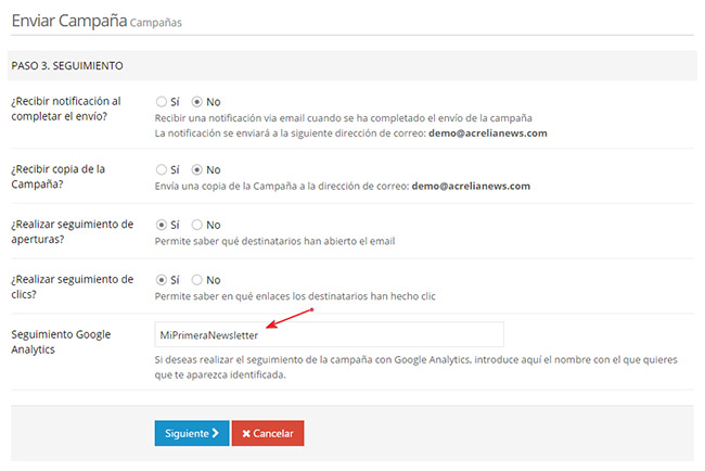 Seguimiento para Google Analytics