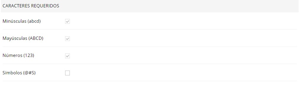 Seguridad caracteres requeridos
