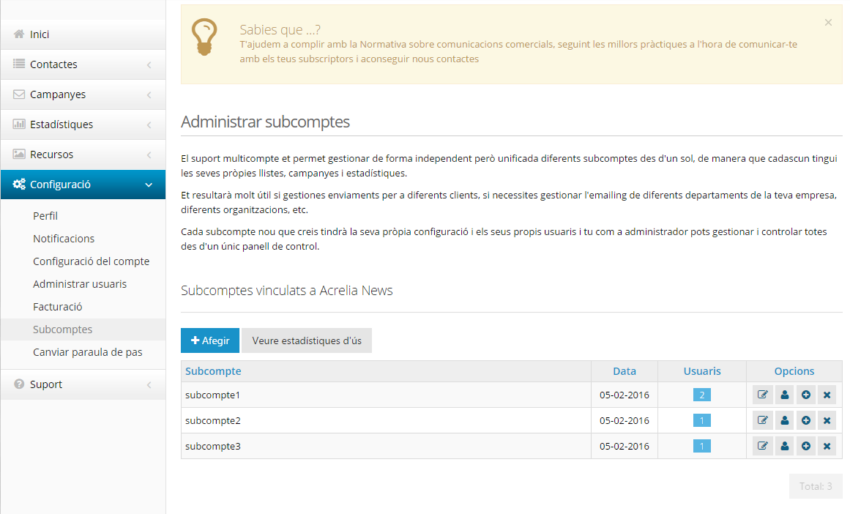 Administrar subcontes