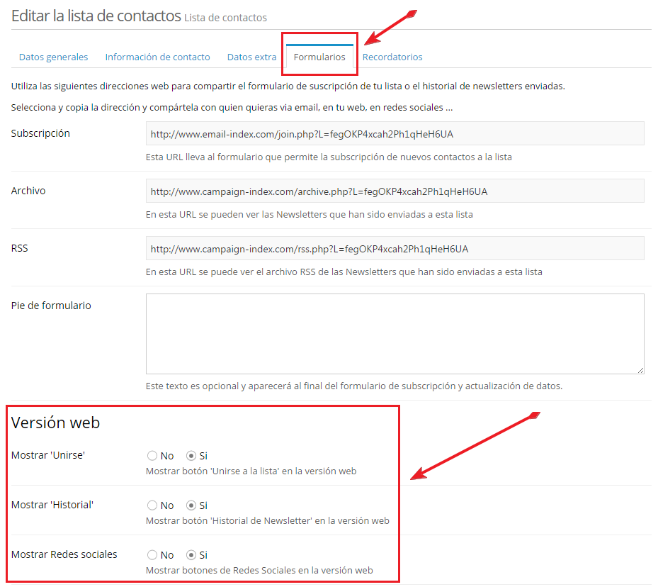 Editar configuración de la lista de contactos