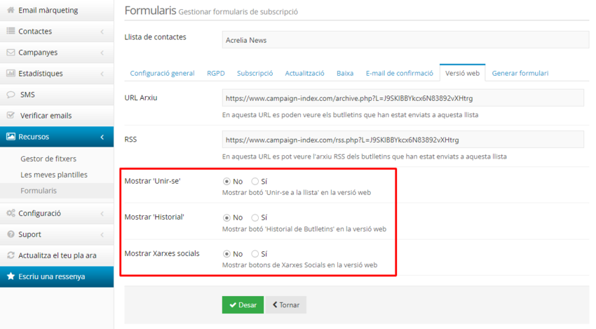 Editar configuració de la llista de contactes