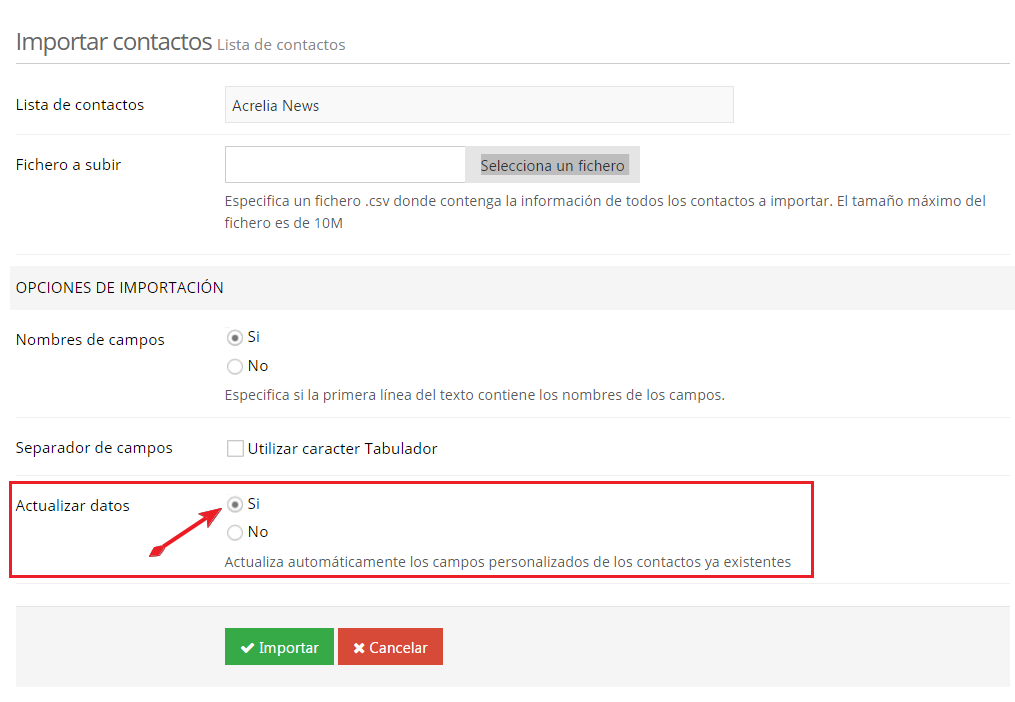 Importar contactos actualizando datos