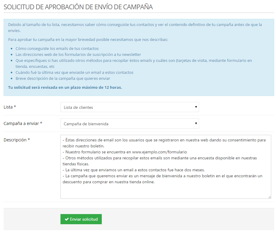 Solicitud de aprobación de envío de campaña