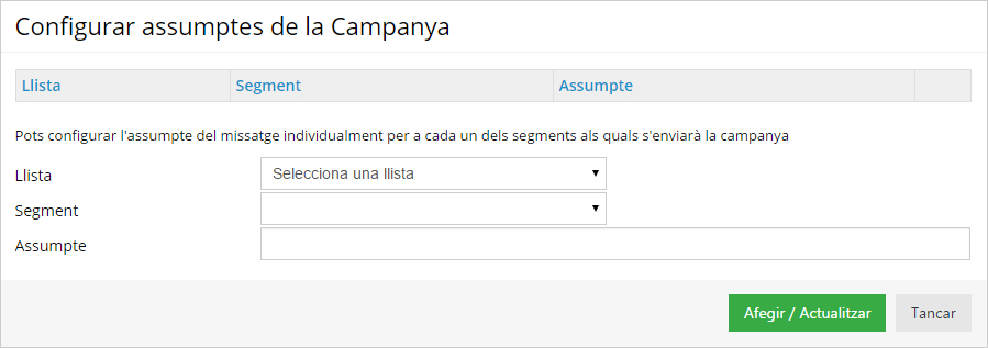 Configurar assumpte de la campanya