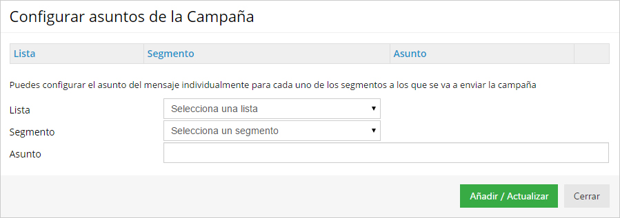 Configurar asunto de la campaña