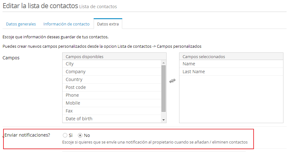 Recibir notificaciones - Editar la lista de contactos