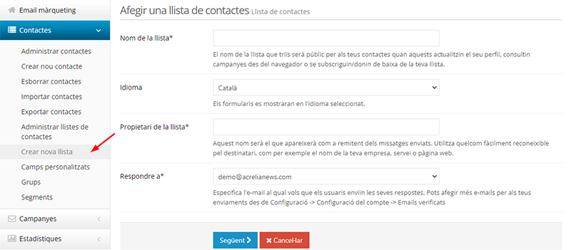 Crear nova llista de contactes